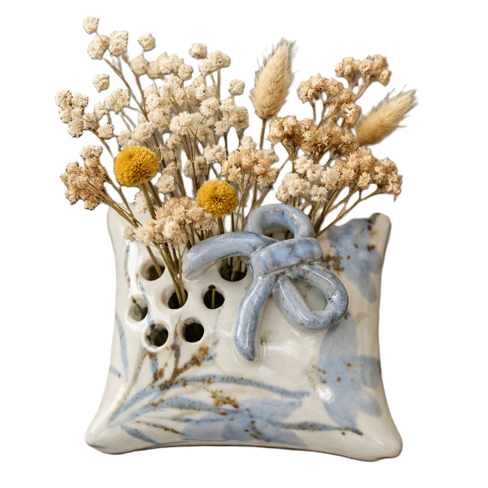 Cindy Angliss Signed Ceramic Flower Frog Vase Blue Bow Hand‑Painted Pottery